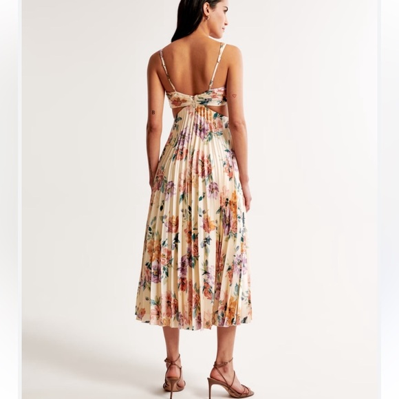 Abercrombie Fitch A&F Satin Giselle Pleated Cutout Maxi Midi Dress cream floral - Picture 8 of 13
